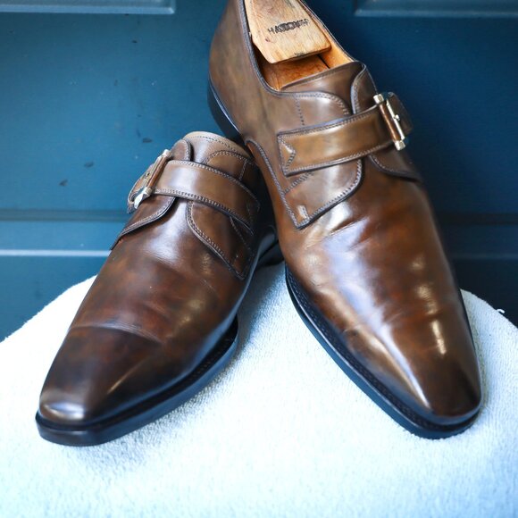 SALE - Magnanni 9-M Brown Burnished Monk Strap Mens Dress Shoes - Picture 1 of 14